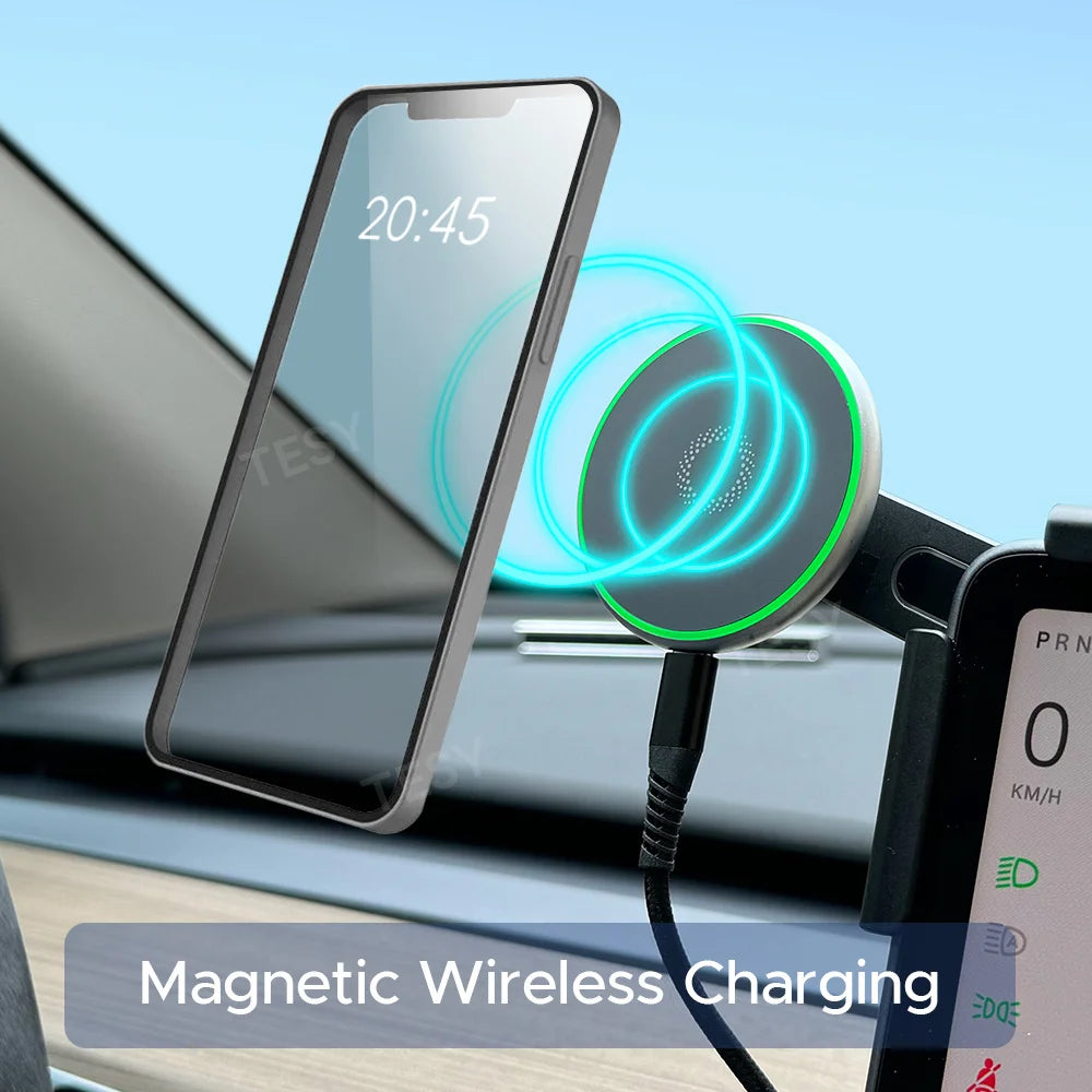 Revolutionary 15W Magnetic MagSafe Wireless Charger & Phone Mount for Tesla Model Y, Model 3, and HIGHLAND - Perfect for Seamless Driving Experience
