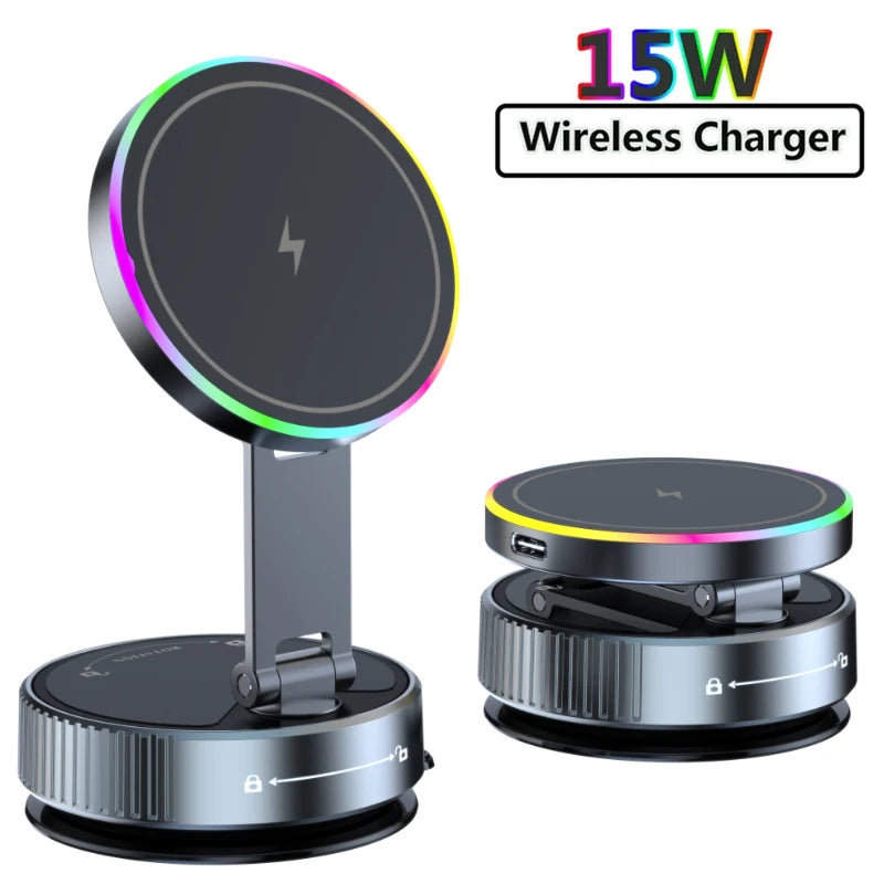 Revolutionary 15W Vacuum Suction Magnetic Wireless Charger Car Phone Holder - 360° Rotatable and Perfectly Compatible with All Smartphones, Including iPhone