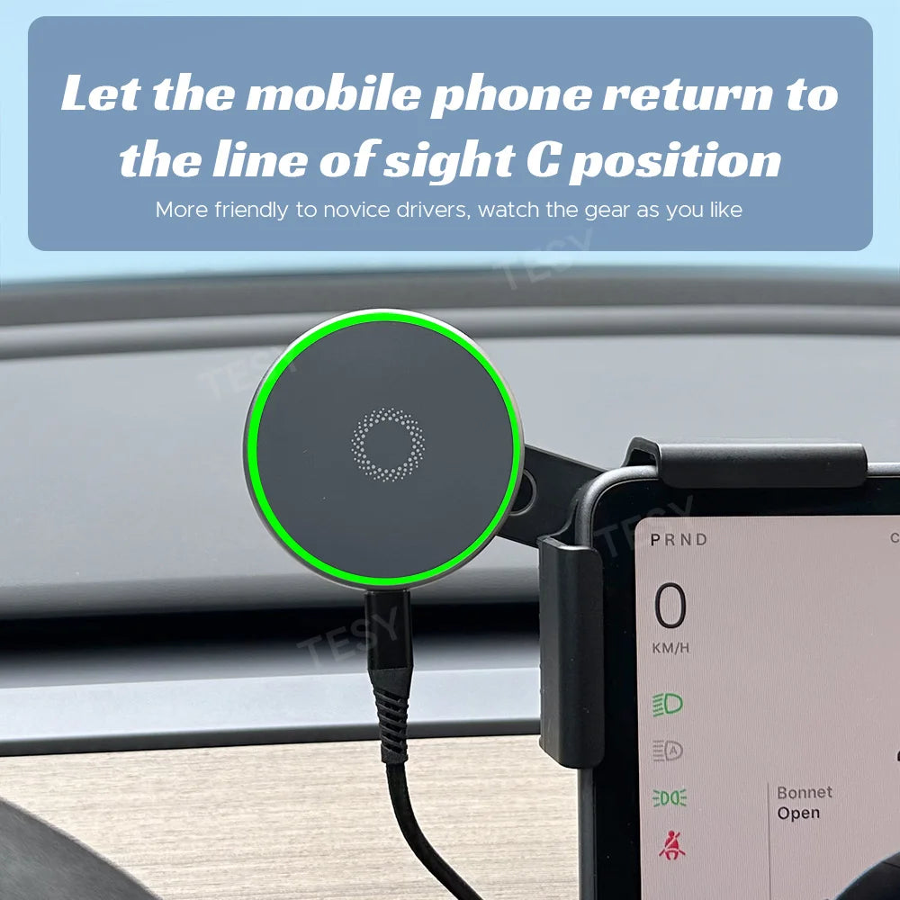 Revolutionary 15W Magnetic MagSafe Wireless Charger & Phone Mount for Tesla Model Y, Model 3, and HIGHLAND - Perfect for Seamless Driving Experience