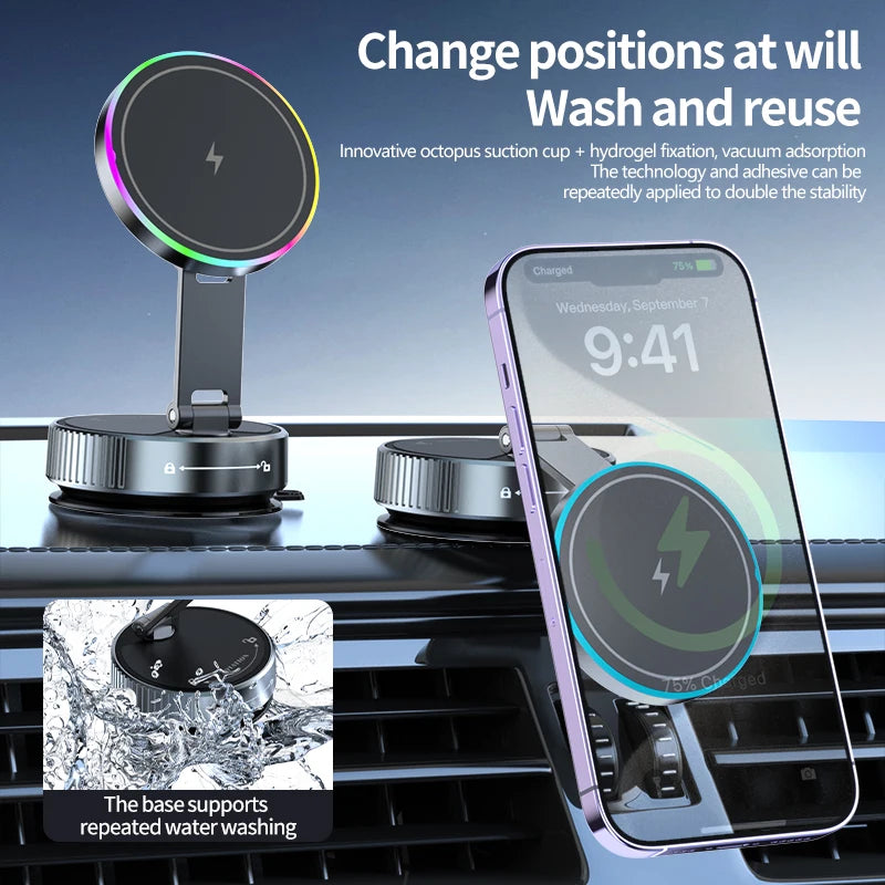 Revolutionary 15W Vacuum Suction Magnetic Wireless Charger Car Phone Holder - 360° Rotatable and Perfectly Compatible with All Smartphones, Including iPhone