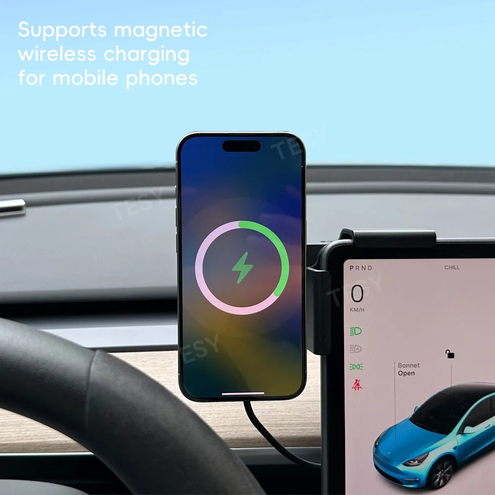 Revolutionary 15W Magnetic MagSafe Wireless Charger & Phone Mount for Tesla Model Y, Model 3, and HIGHLAND - Perfect for Seamless Driving Experience
